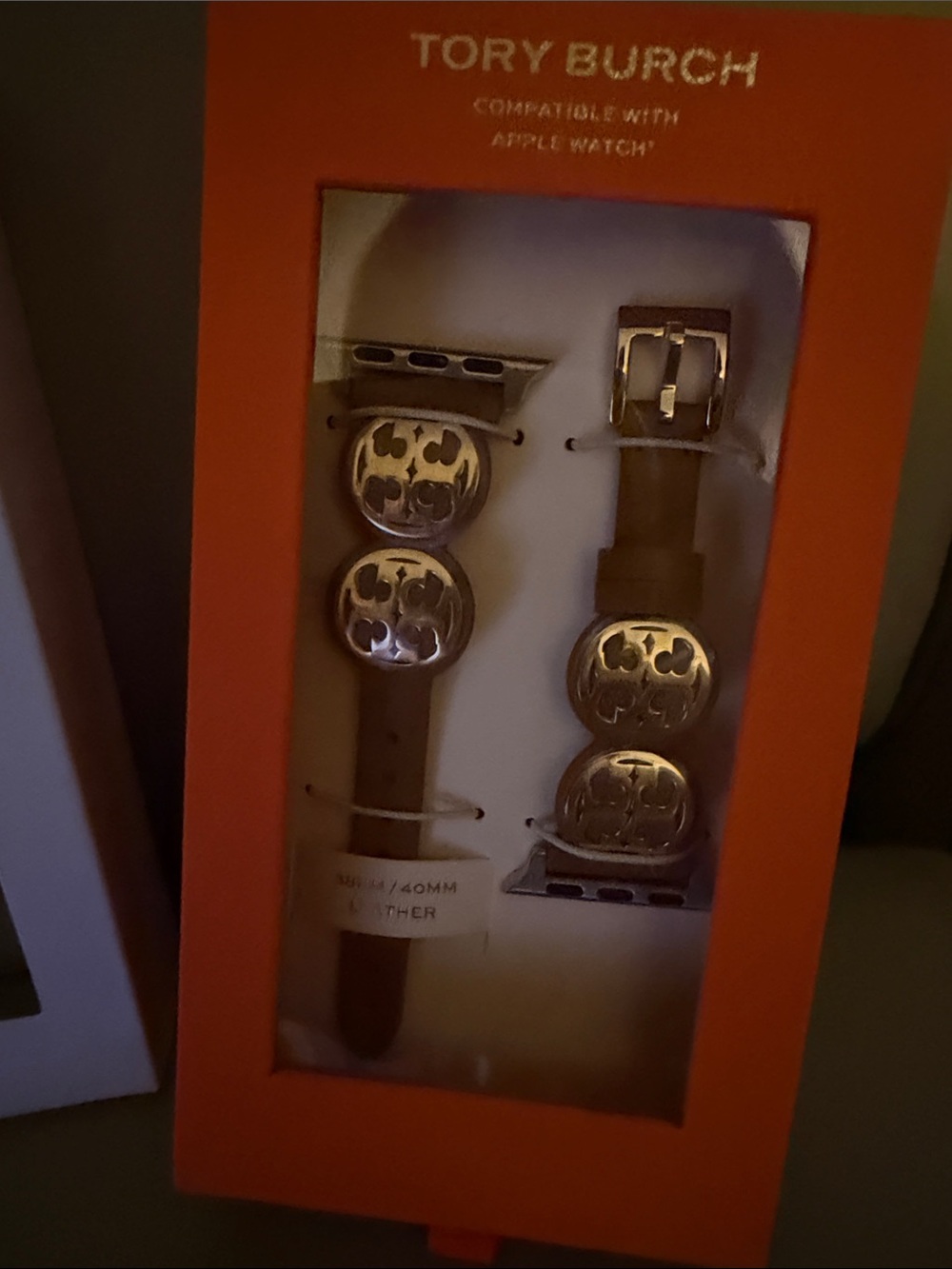 Tory Burch Tan Leather Apple Watch Band with Gold Medallions